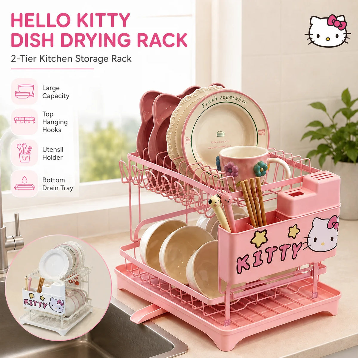 Cute Hello Kitty 2-Tier Dish Drying Rack Drain