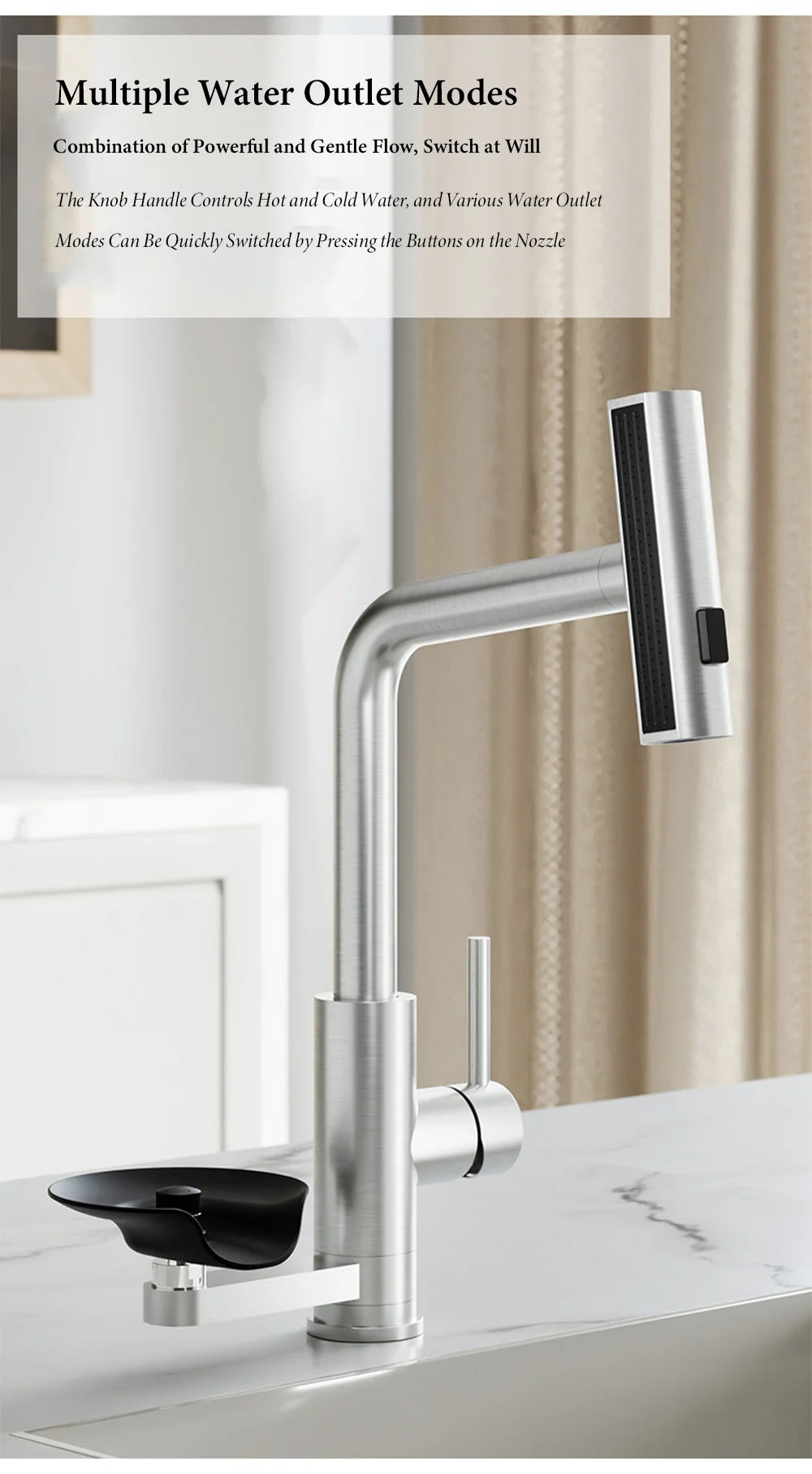 Brushed/Black Sink Faucet Cup Wash Waterfall Pull Out