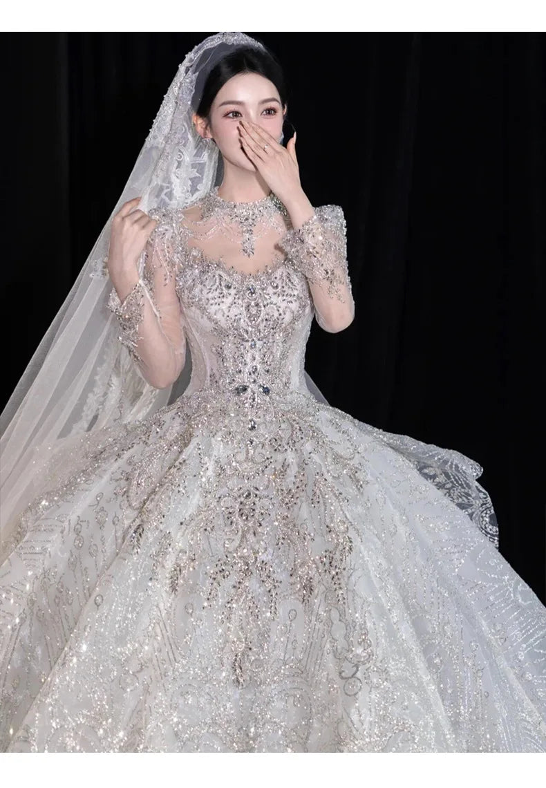 Full Sleeve Wedding Dresses Shinny Wedding Dress Classic