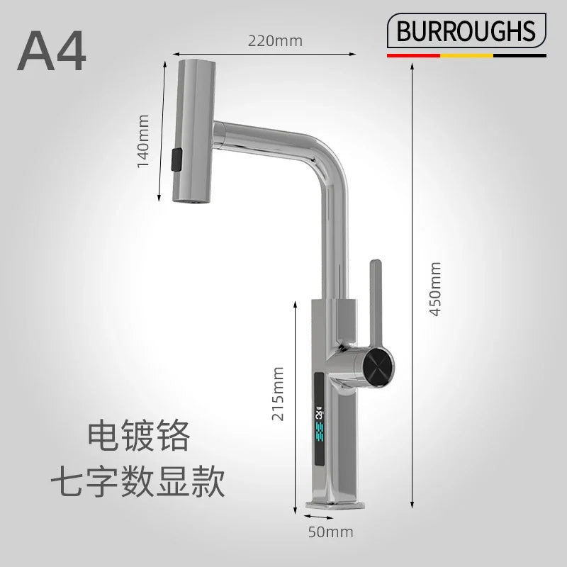 Faucet Cold Digital Display Pull-Out Rotatable Multi-Functional