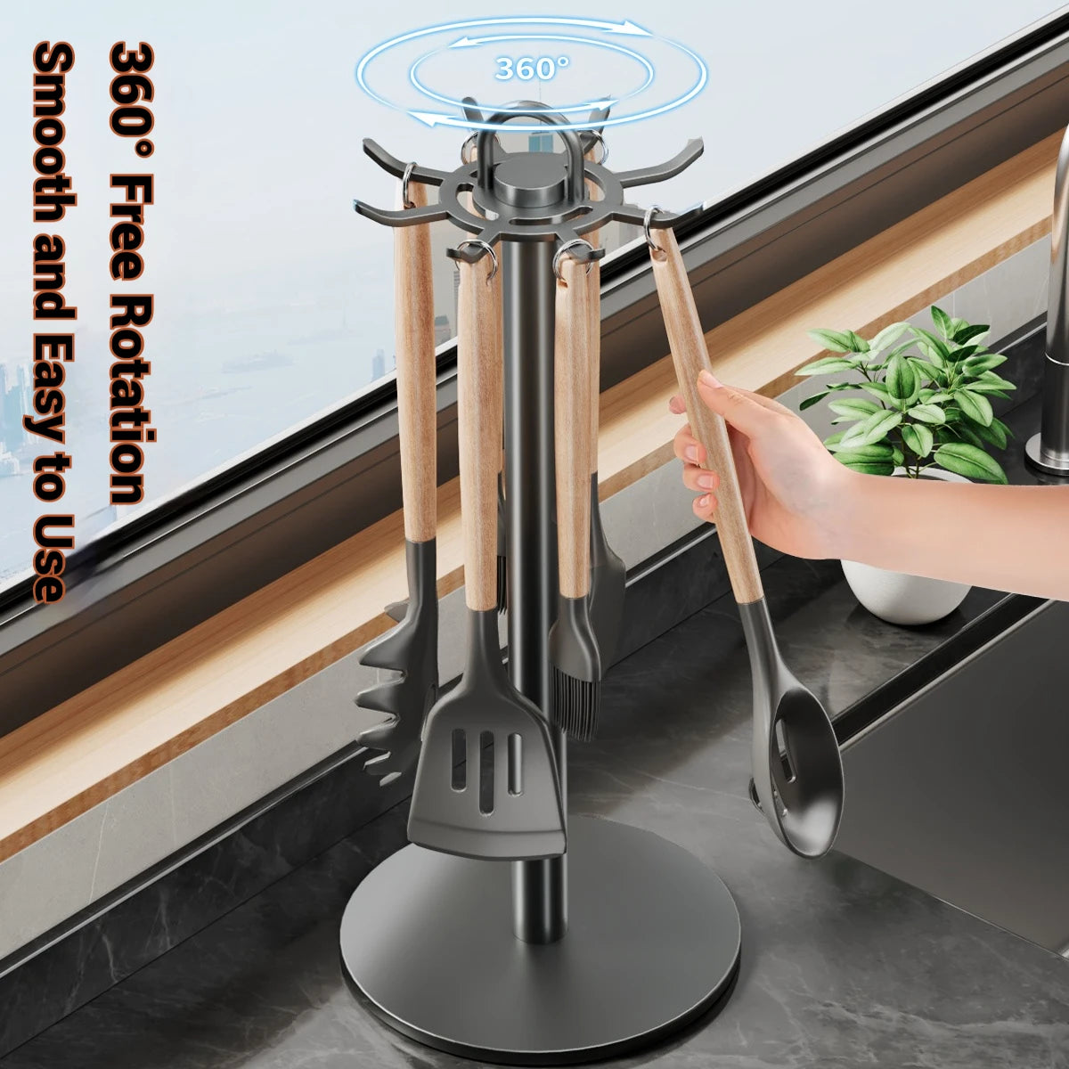 Utensil Stand Rotating Storage Hanger Hooks Countertop