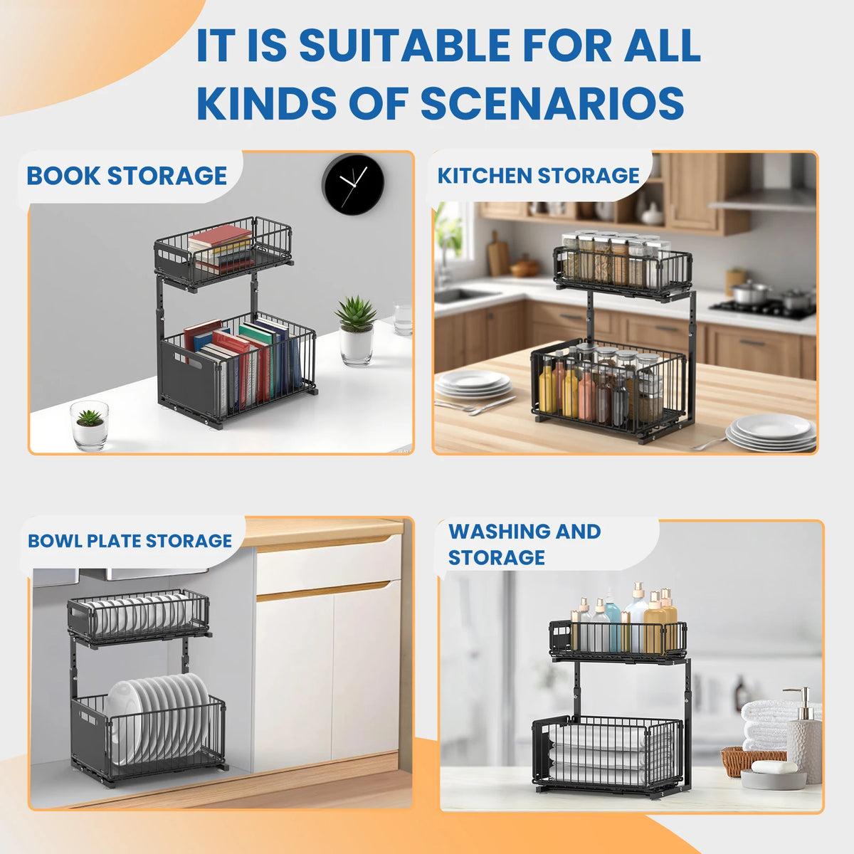 2-Tier Pull Out Cabinet Organizer Adjustable Height Sliding
