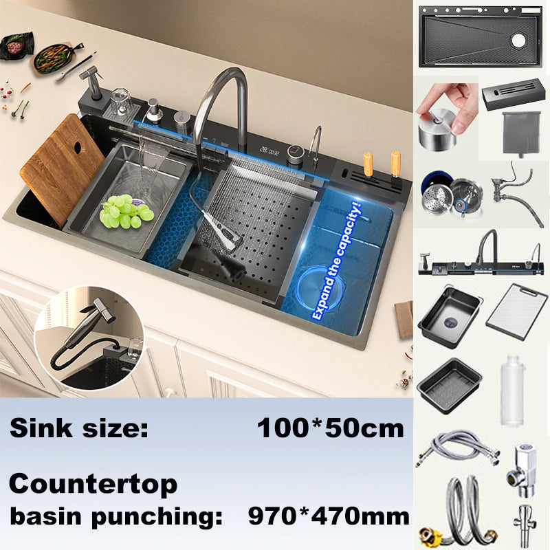 Stainless Steel Sink Waterfall Digital Display Faucet Large