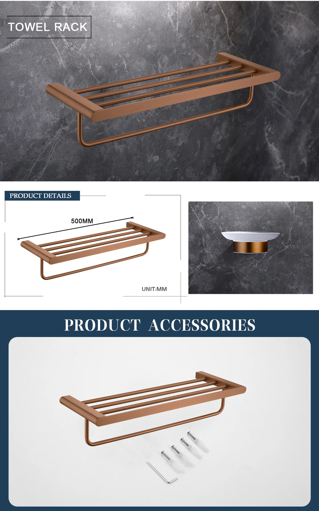 Brushed Rose Gold Storage Rack Towel Bar Tissue