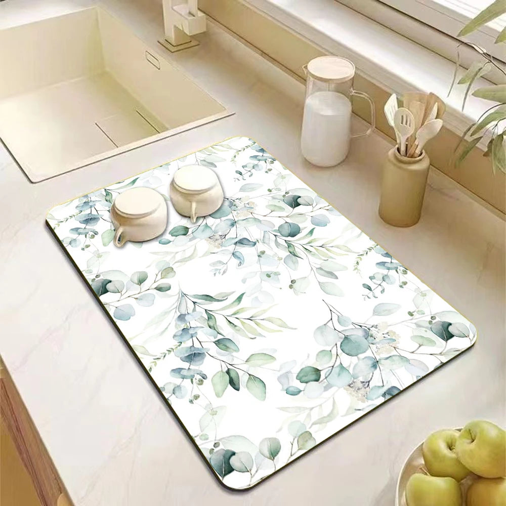Eucalyptus Leaves Themed Dish Drying Mat Non-Slip Heat-Resistant
