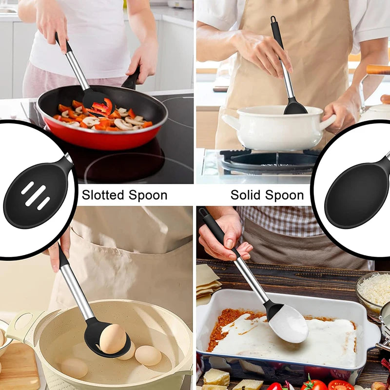 Silicone Cooking Spoons Kit Stainless Steel Handle Salad