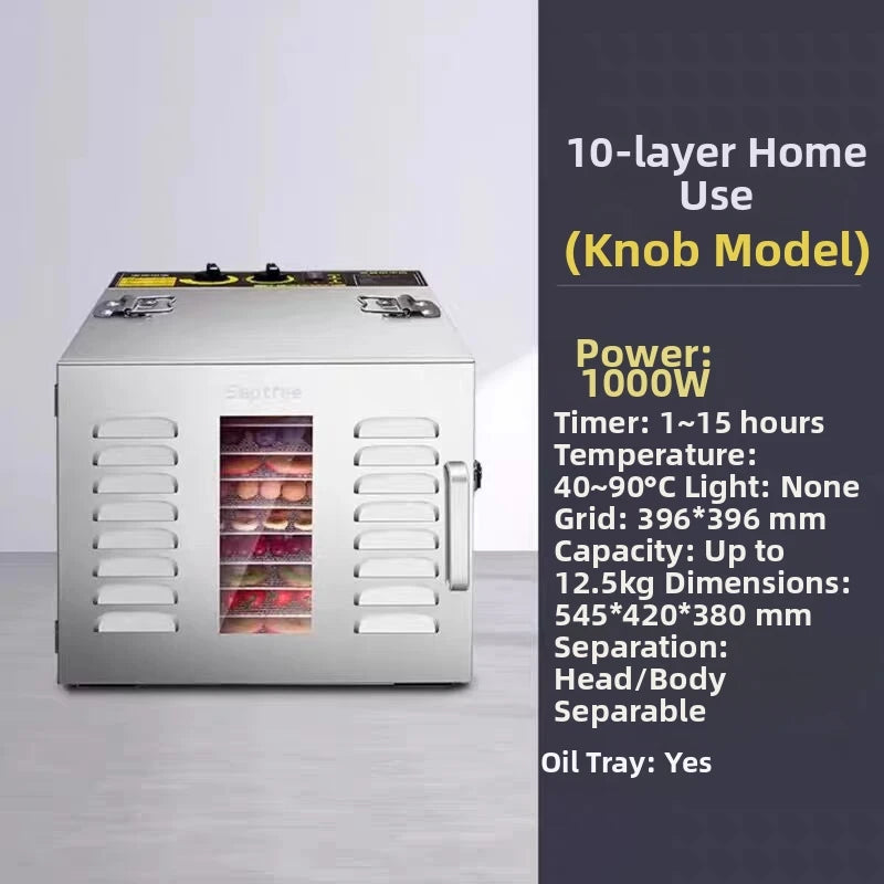 10-Tier Stainless Steel Food Dehydrator Dual Knobs 1000w