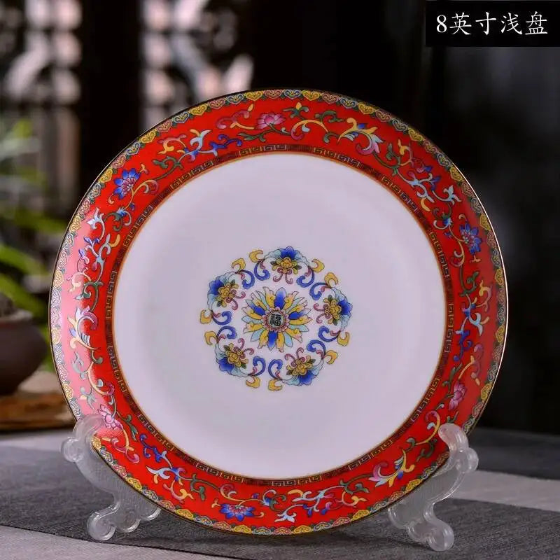 Gold Border Enamel Deep Plate Chinese Bone China
