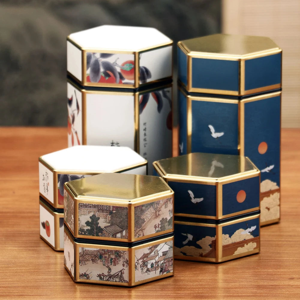 Tea Organizer Lids Hexagonal Tinplate Food Storage Jars