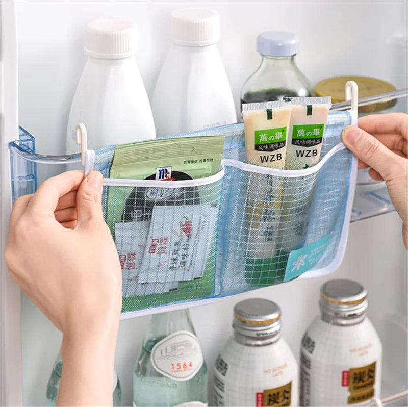 Refrigerator Storage Mesh Bag Double Compartment Hanging Pouch