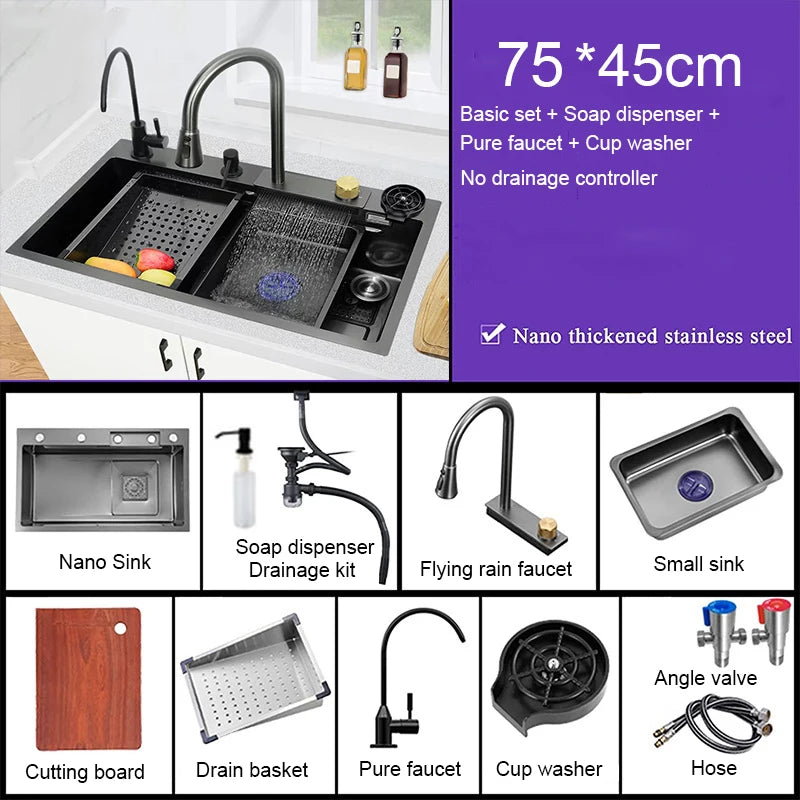 Black Nano Sink Waterfall Faucet Large Bowl Cup