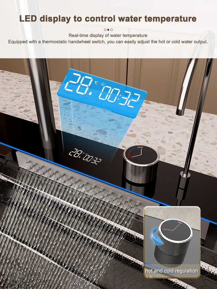 Stainless Steel Waterfall Sink Digital Display Large Slot