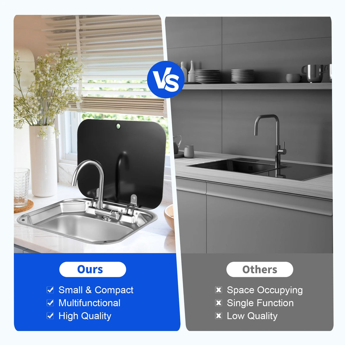 Rv Sink Foldable Tempered Glass Cover&Faucet Stainless Steel
