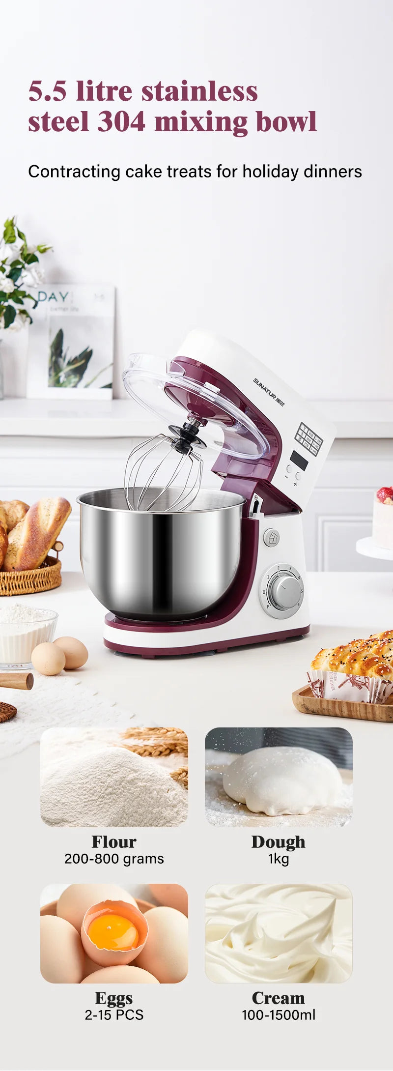 Sunatur 1063 Stand Mixer 1300w 5l Automatic Dough