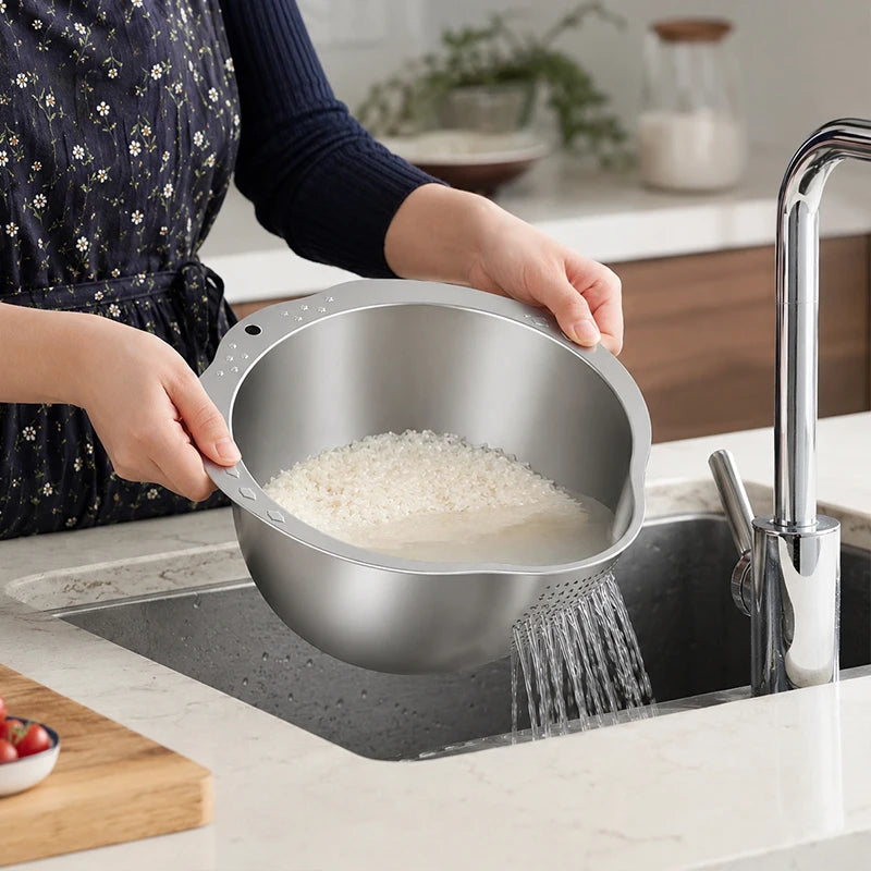 Rice Washer Strainer Bowl Stainless Steel Rice Washing