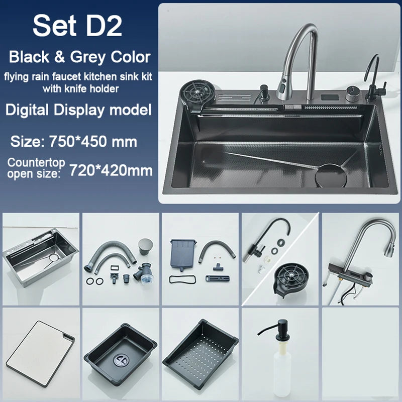 Stainless Steel Sink Faucet Digital Display Large Bowl