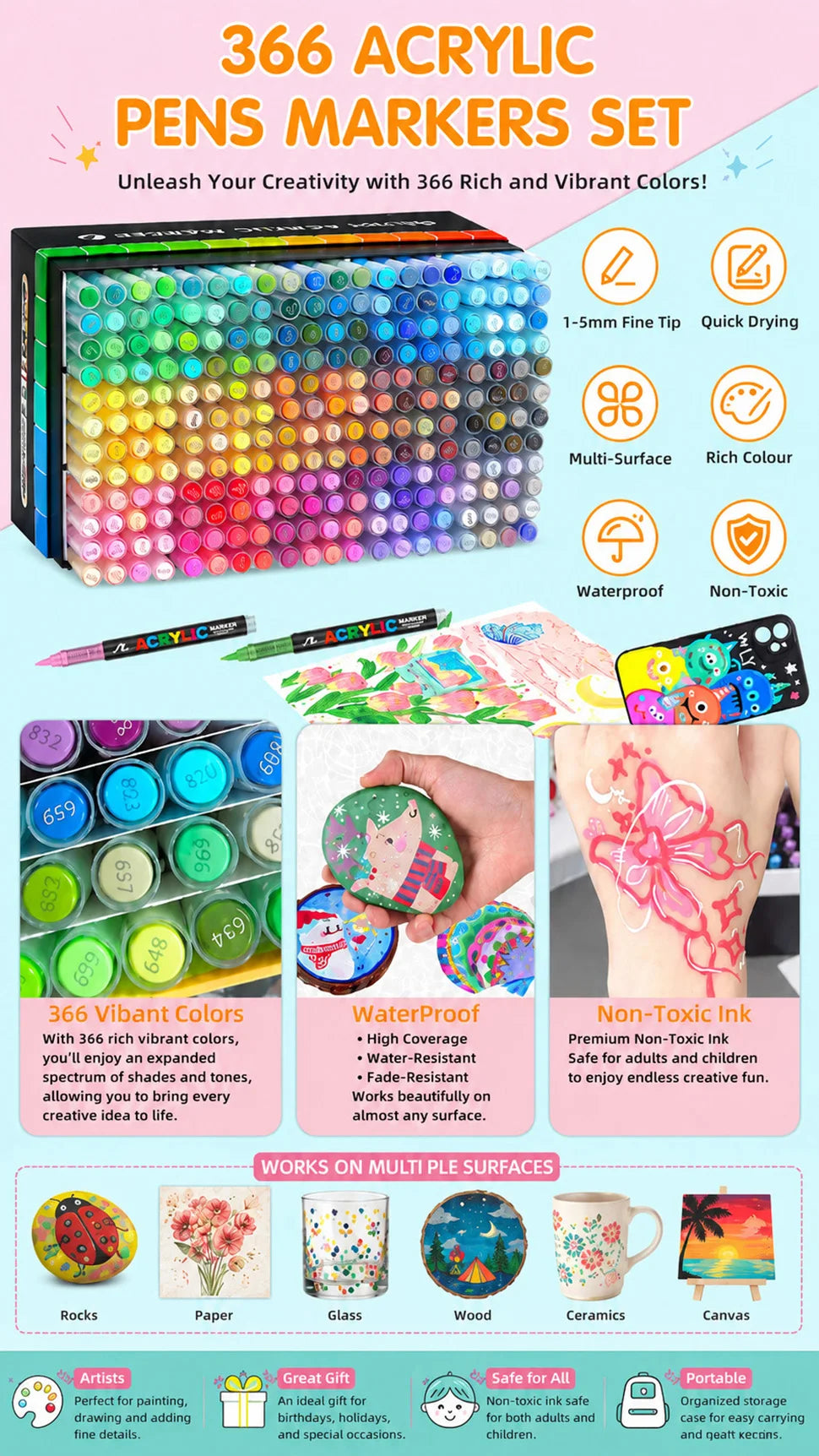 12-366 Colors Acrylic Marker Waterproof Acrylic Brush Marker