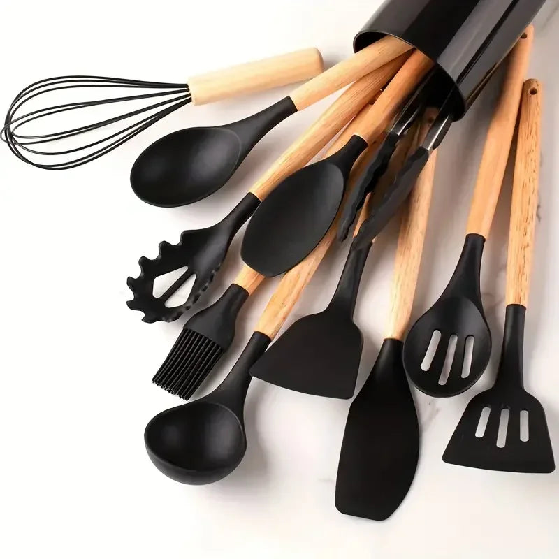12pcs Of Multi-Color Silicone Wooden Handle Kitchenware Non