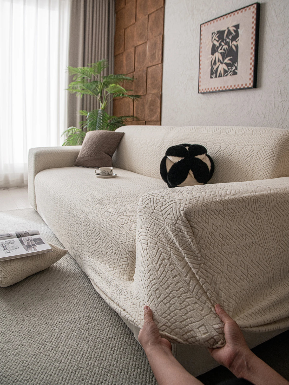 Polar Fleece Jacquard Sofa Cover Geometric Pattern High