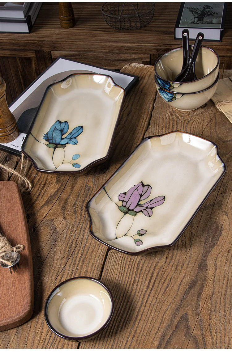 Ceramic Hand-Painted Flowers Creative Dish Plate Japanese