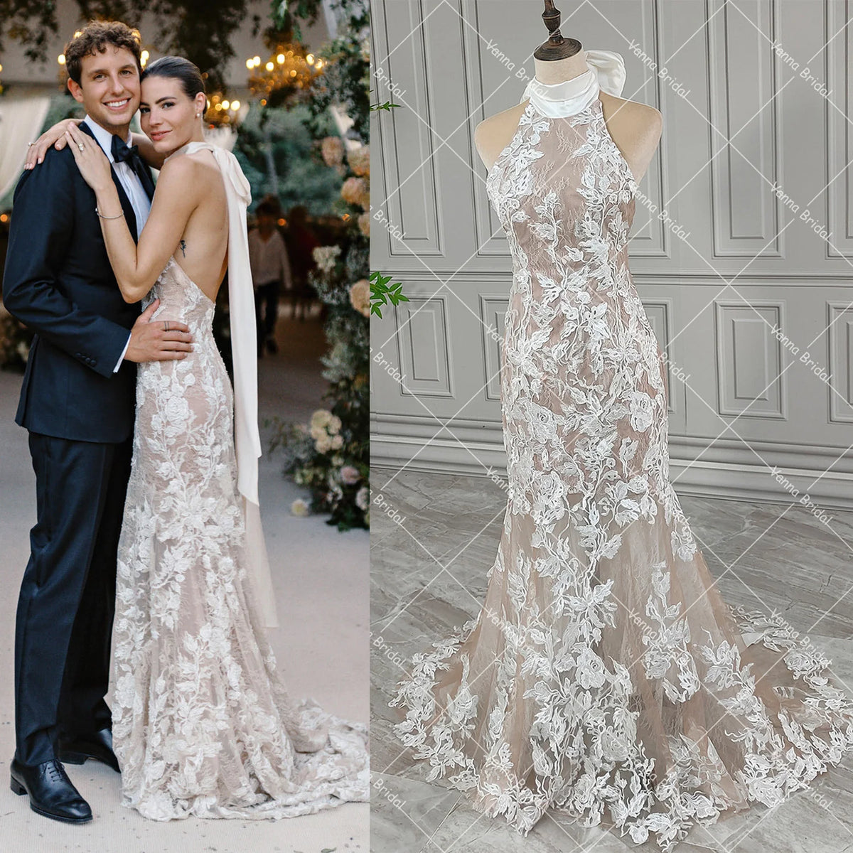 Halterneck Backless Exquisite Mermaid Wedding Dress Tie Sash