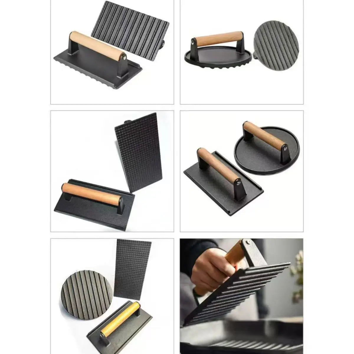 Cast Iron Steak Burger Press Round Rectangular Uncoated