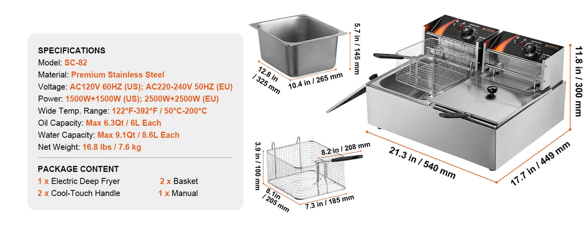 Succebuy 12l Commercial Electric Deep Fryer W/Dual Tanks