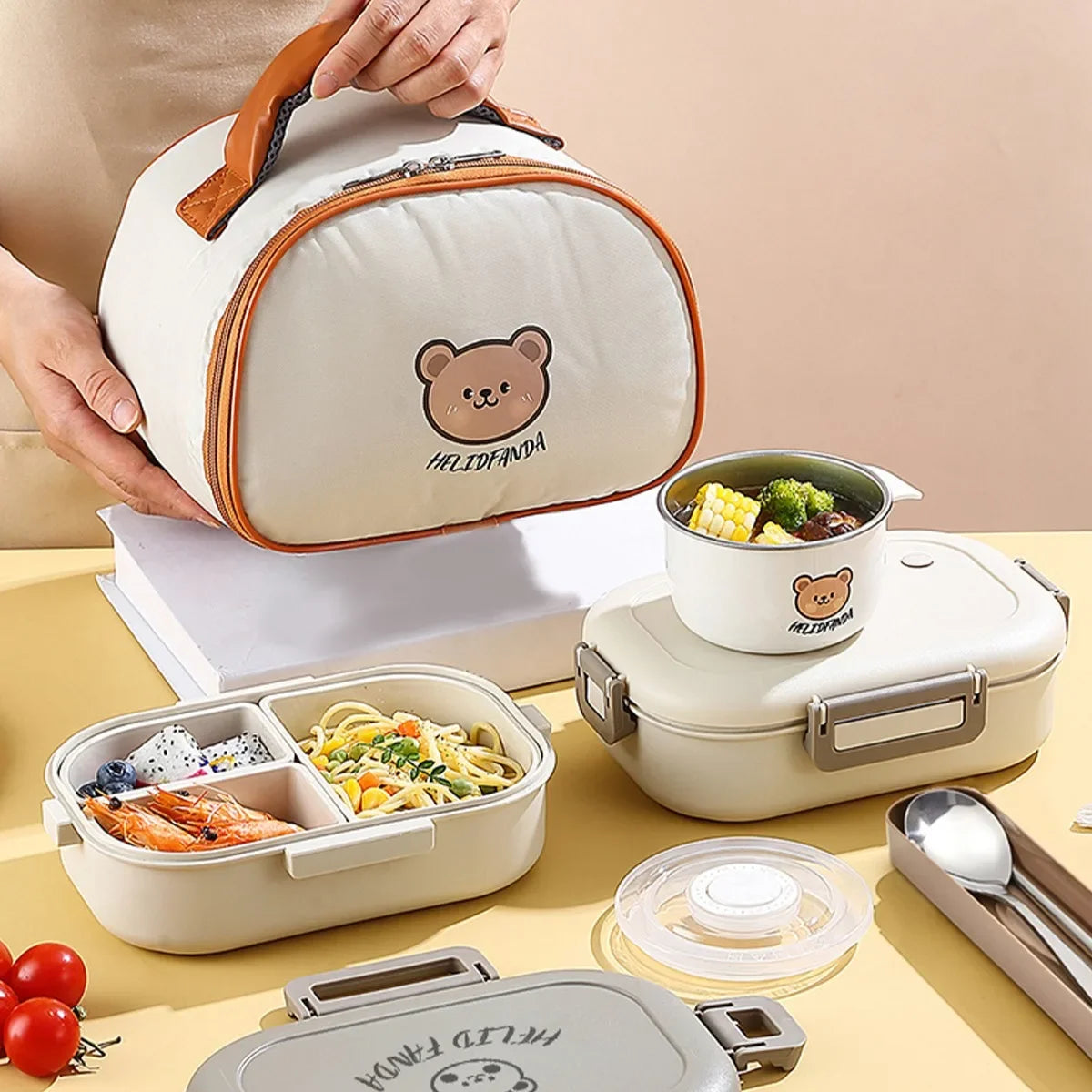 Cute Bear Plastic Divided Food Container Leak-Proof Detachable