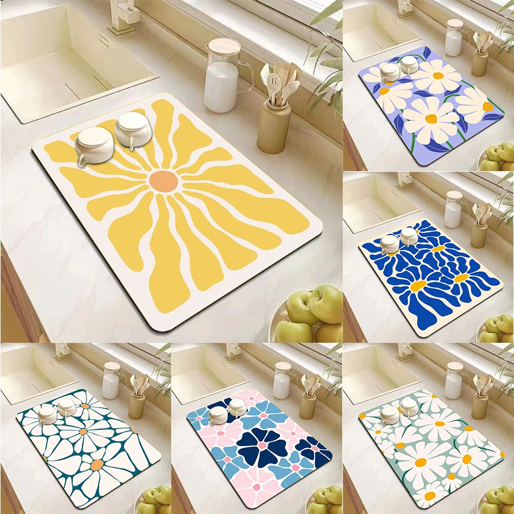 Abstract Floral Art Absorbent Drain Pad Mats Dish