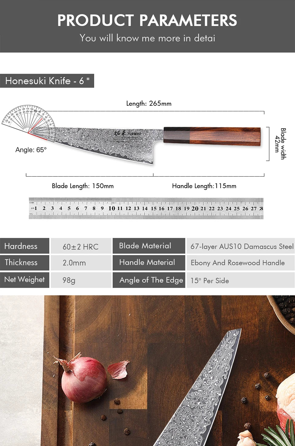 Turwho Japanese Hand Forged Honesuki Chef Knife Damascus