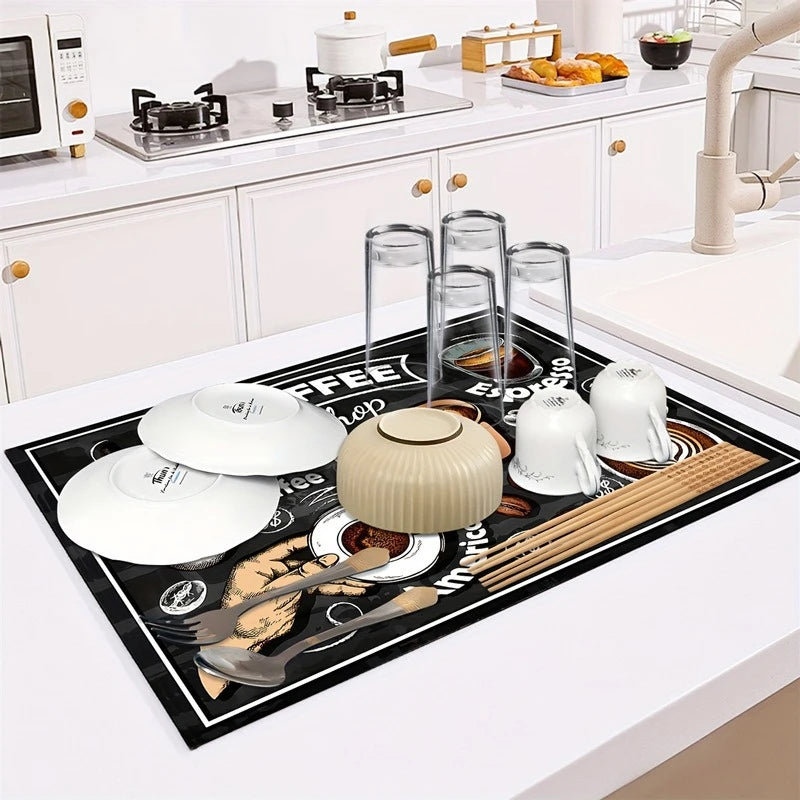 Creative Coffee Print Drying Mat Soft Rubber Non-Slip