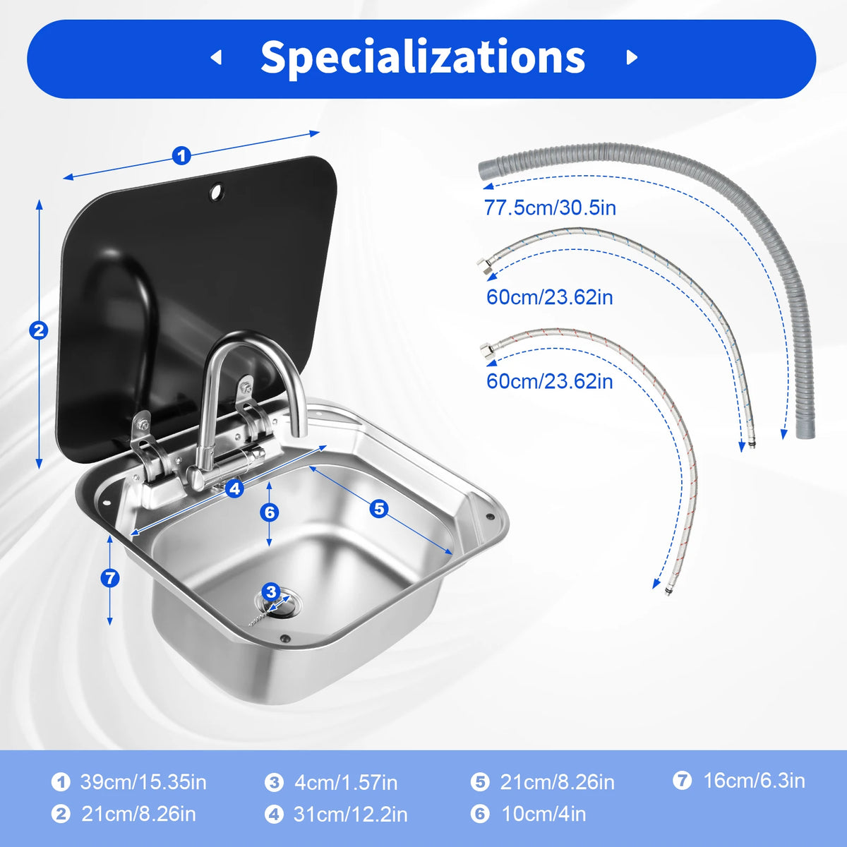 Rv Sink Foldable Tempered Glass Cover&Faucet Stainless Steel