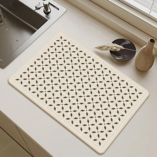 Dish Drying Mat Beige Geometric Print Non-Slip Quick