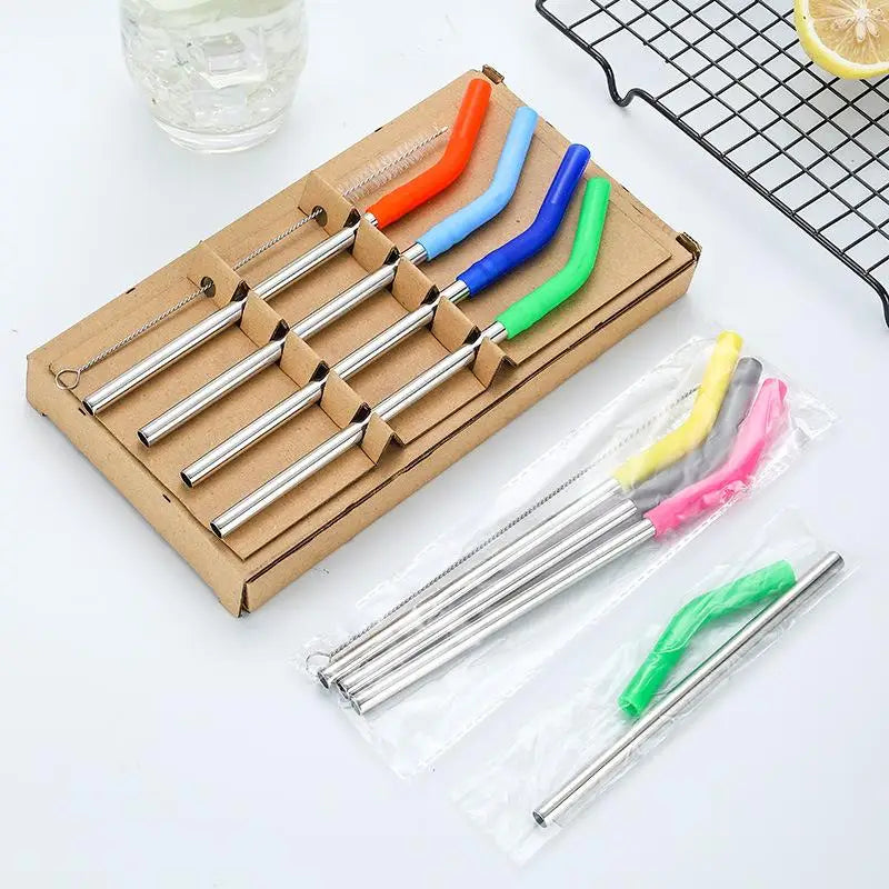 1set Long Stainless Steel Straw Silicone Straw Sleeve