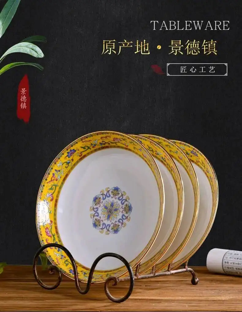 Gold Border Enamel Deep Plate Chinese Bone China
