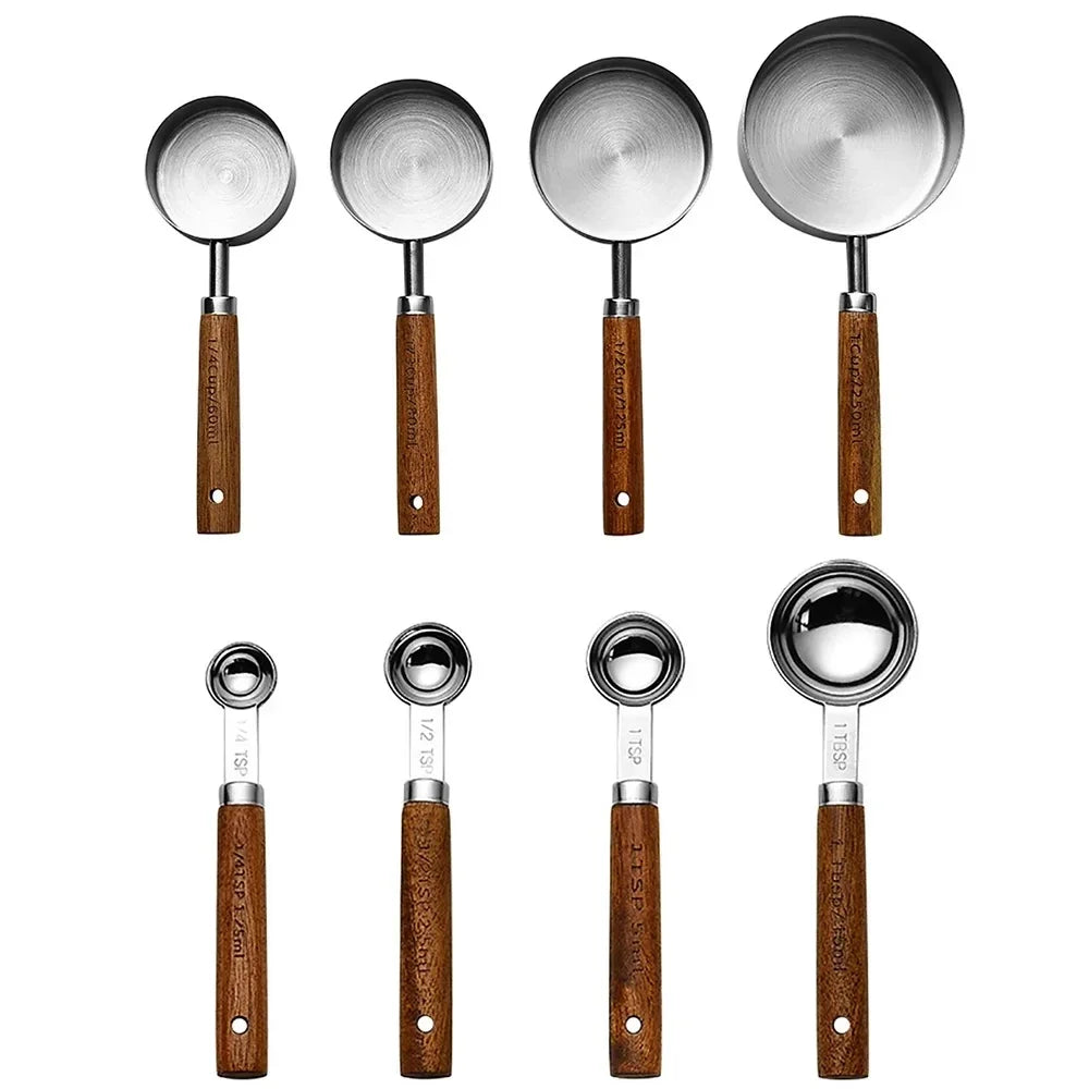 4/8pcs Stainless Steel Measuring Cups Spoons Wooden Handle