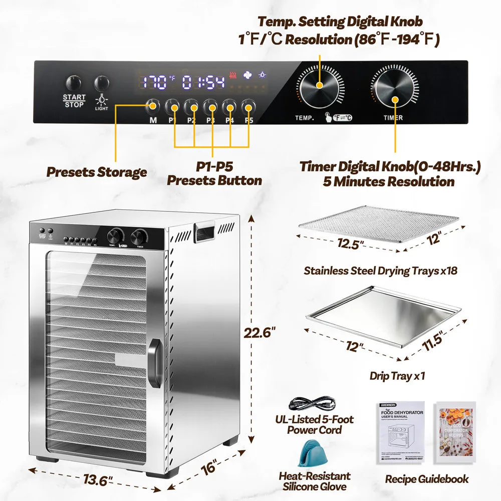 48h Timer Food Dehydrator Machine 18-Tray Large Capacity
