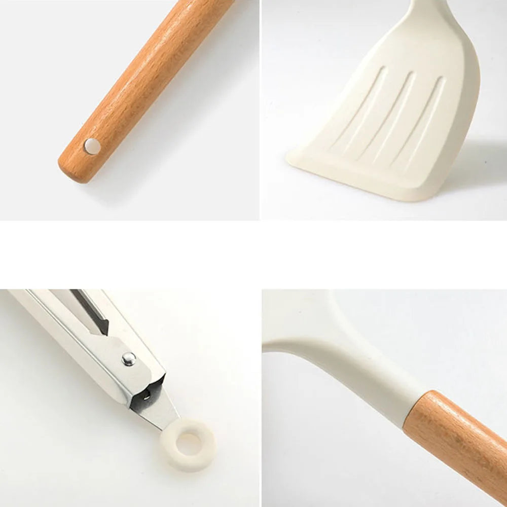 White Silicone Wooden Handle Soup Spoon Spatula Brush