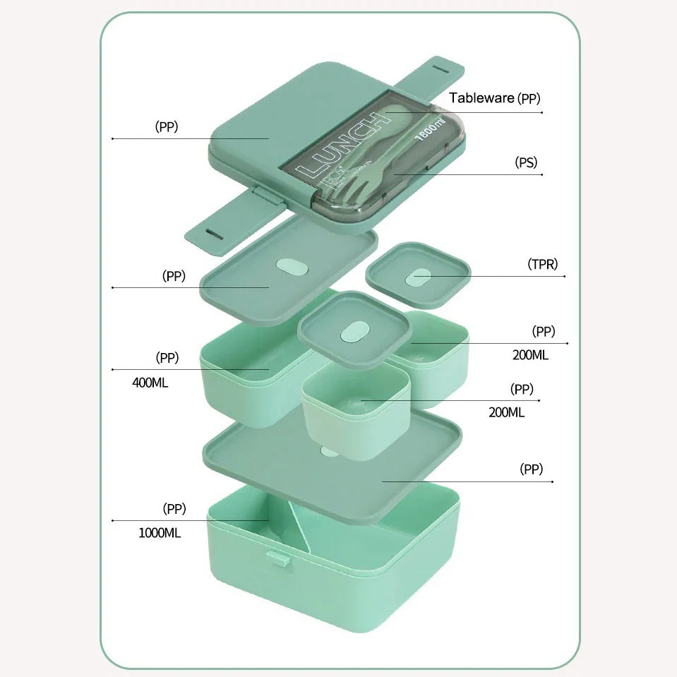 Justinlau 1100/1800ml Layer Compartment Lunch Box Kids Fork