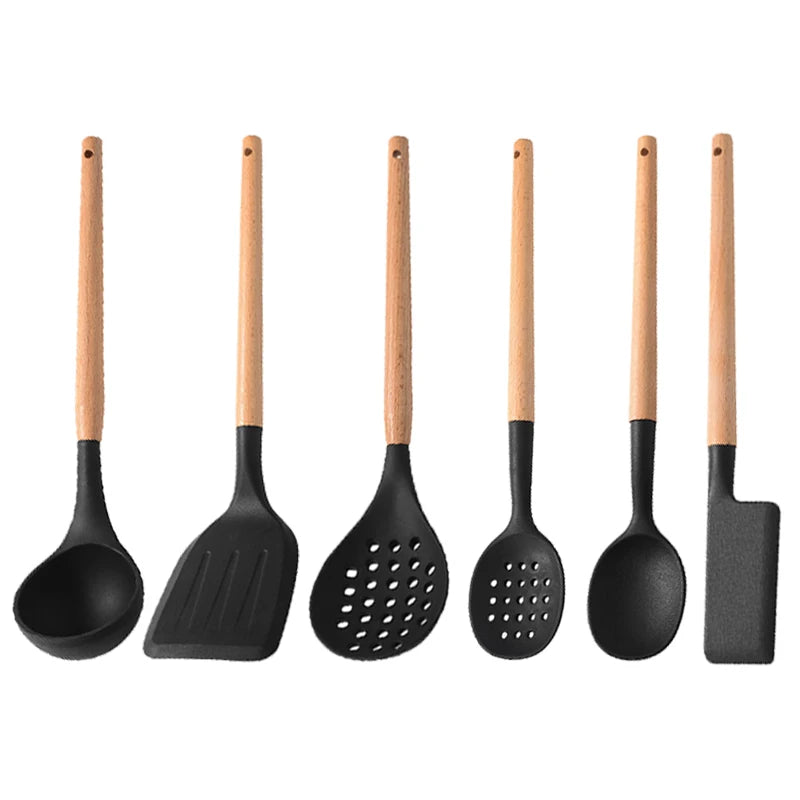 White Silicone Wooden Handle Soup Spoon Spatula Brush