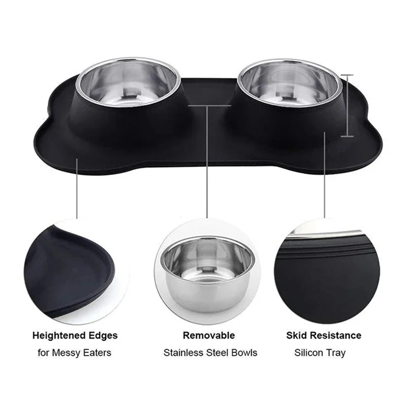Antislip Double Dog Bowl Silicone Mat Durable Stainless