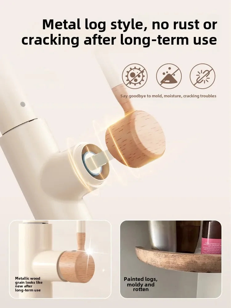 Cream Wooden Handle All Copper Faucet - Pull-Out