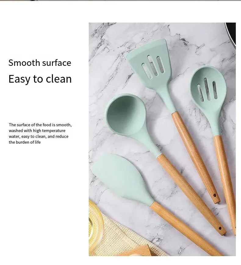 12pcs Of Multi-Color Silicone Wooden Handle Kitchenware Non