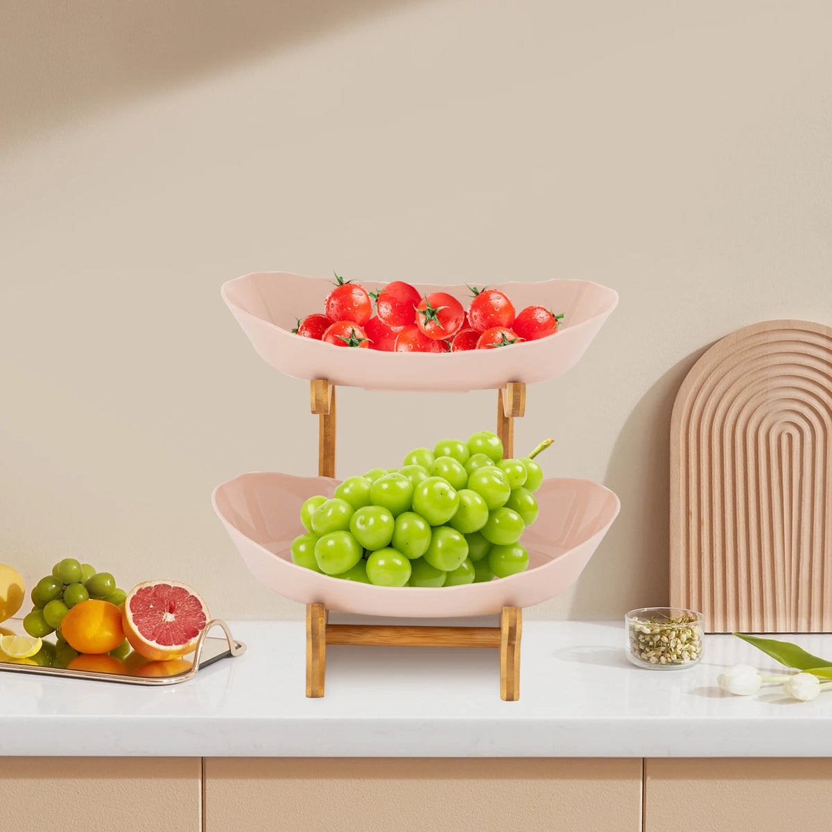 2-Tier Fruit Bowl Bamboo Fruit Basket Stand Food-Grade