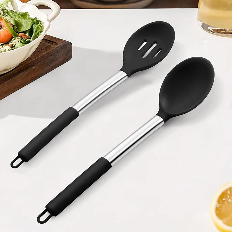 Silicone Cooking Spoons Kit Stainless Steel Handle Salad
