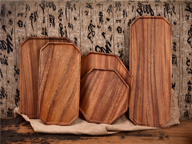 Natural Acacia Wood Serving Trays Octagonal & Rectangular