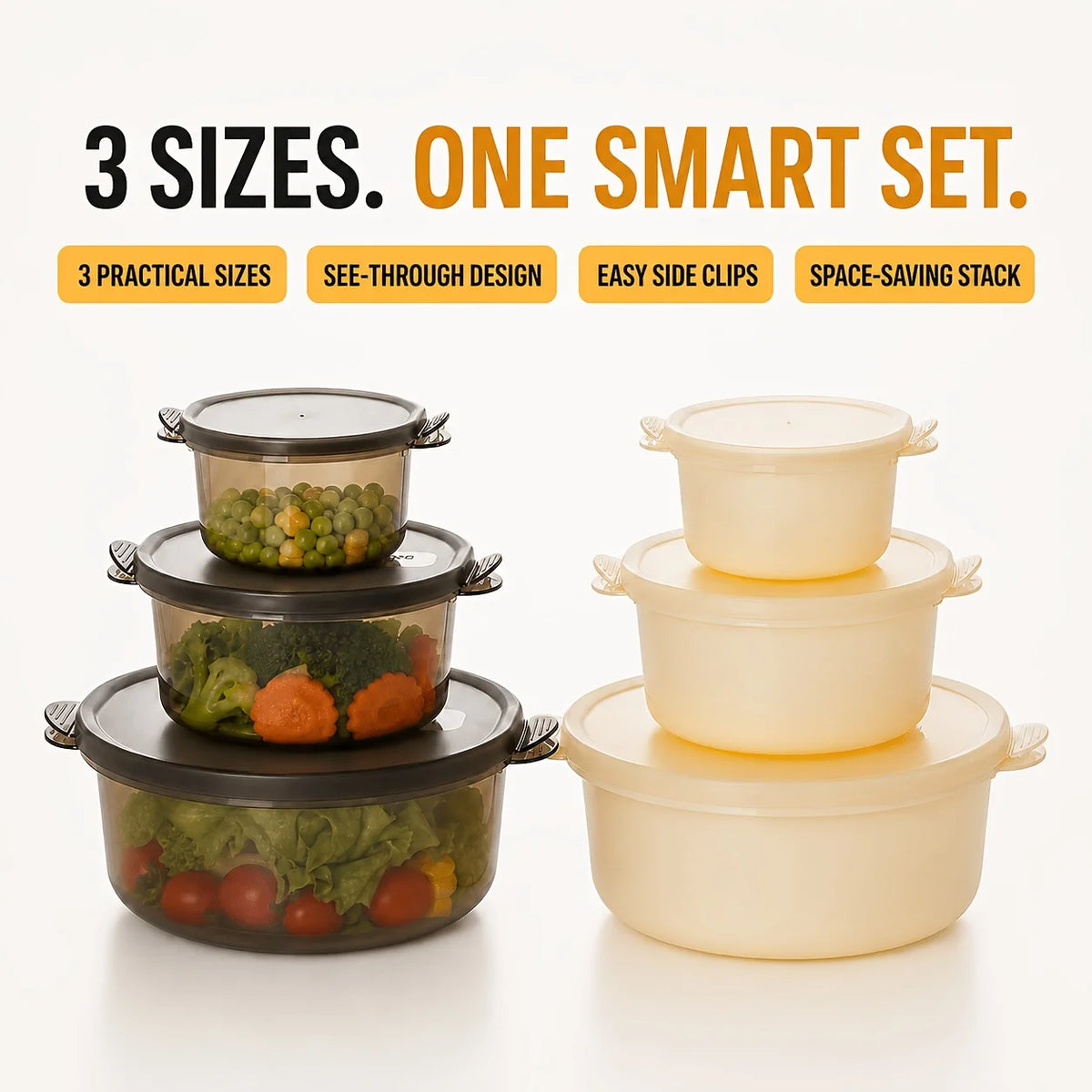 Food Storage Containers Lids 3-Piece Stackable Round Meal