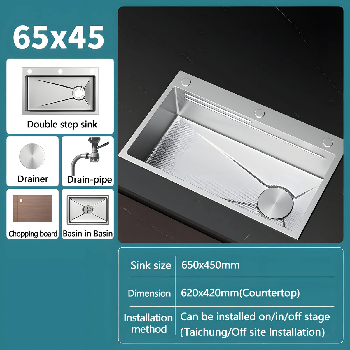 Silver Nano Embossed 304 Stainless Steel Sink Large