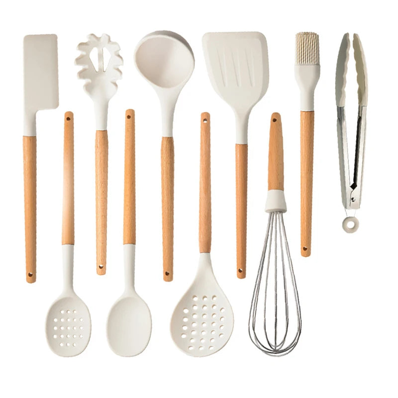 White Silicone Wooden Handle Soup Spoon Spatula Brush