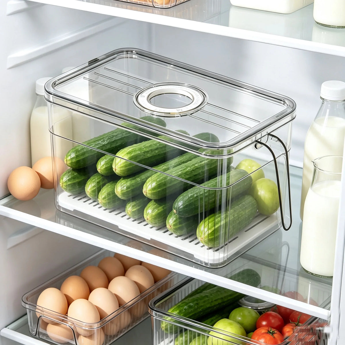 Refrigerator Storage Box Timer Lid Drain Tray Clear